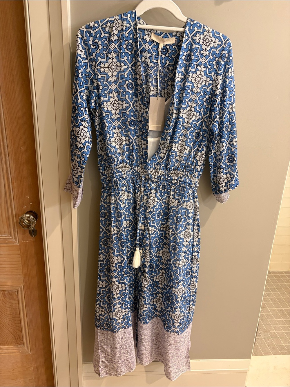 Vanessa Bruno Blue and White Printed V-Neck Dress with Tassel Tie
